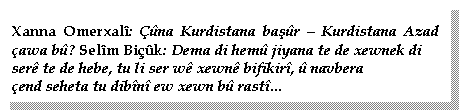 Textfeld: Xanna Omerxalî: Çûna Kurdistana başûr – Kurdistana Azad – çawa bû? Selîm Biçûk: Dema di hemû jiyana te de xewnek di
serê te de hebe, tu li ser wê xewnê bifikirî, û navbera
çend seheta tu dibînî ew xewn bû rastî...